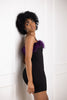Mini black dress with purple feathers