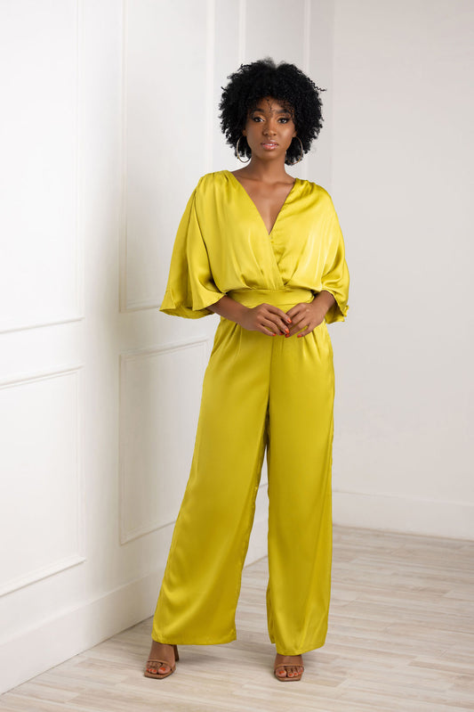 Mustard yellow jumpsuit with short sleeves