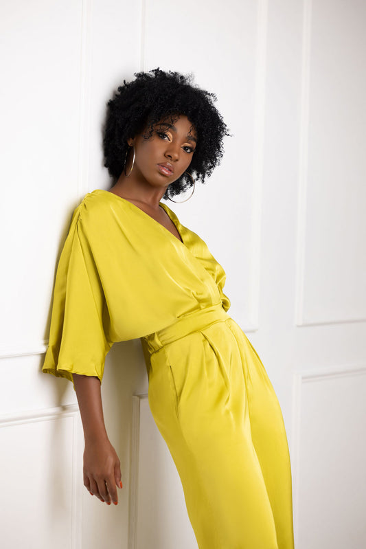 Mustard yellow jumpsuit with short sleeves