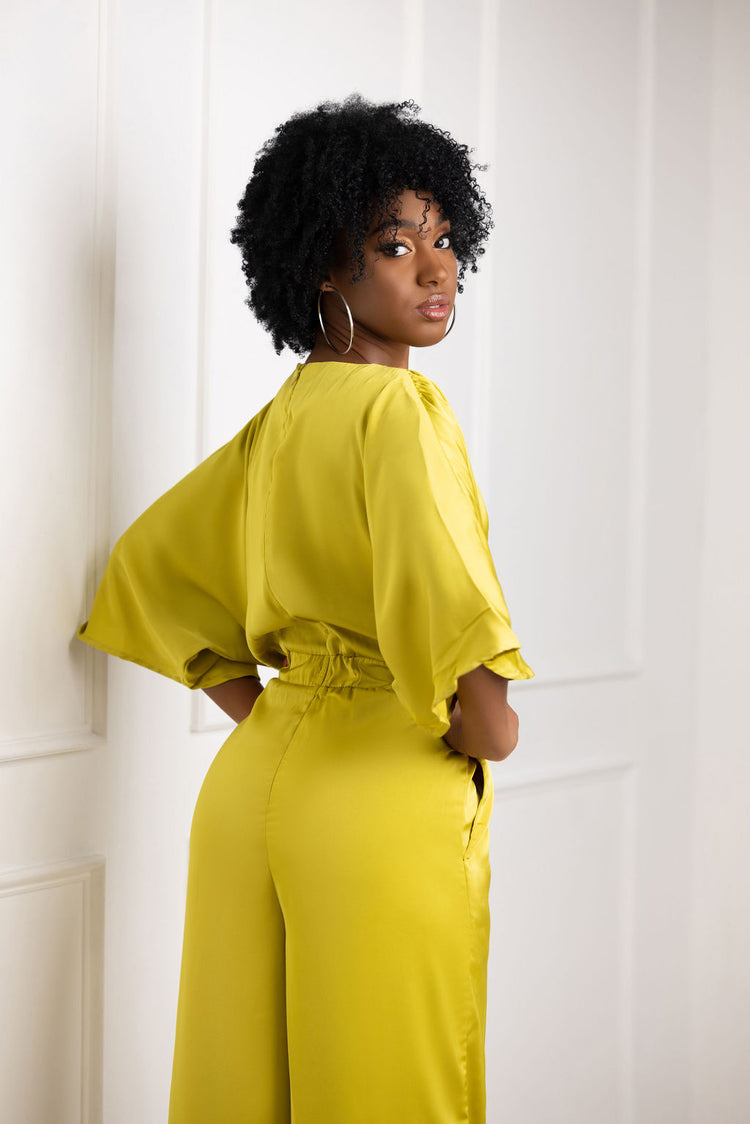 Mustard yellow jumpsuit with short sleeves