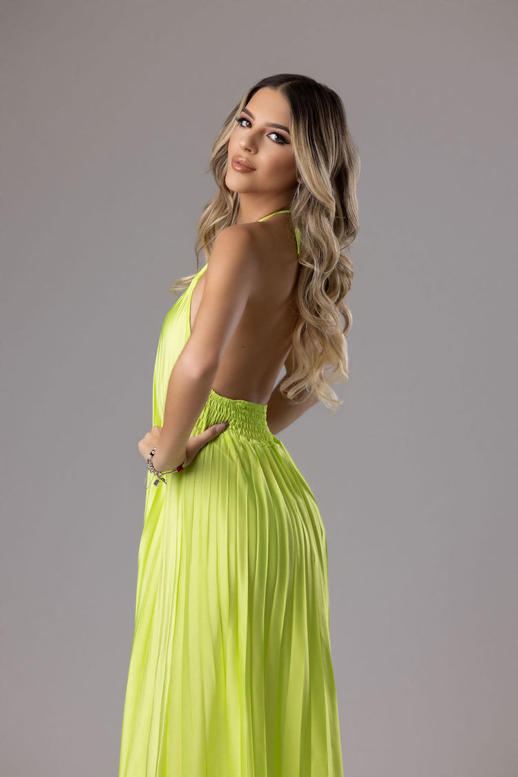 Satin long dress with short sleeves