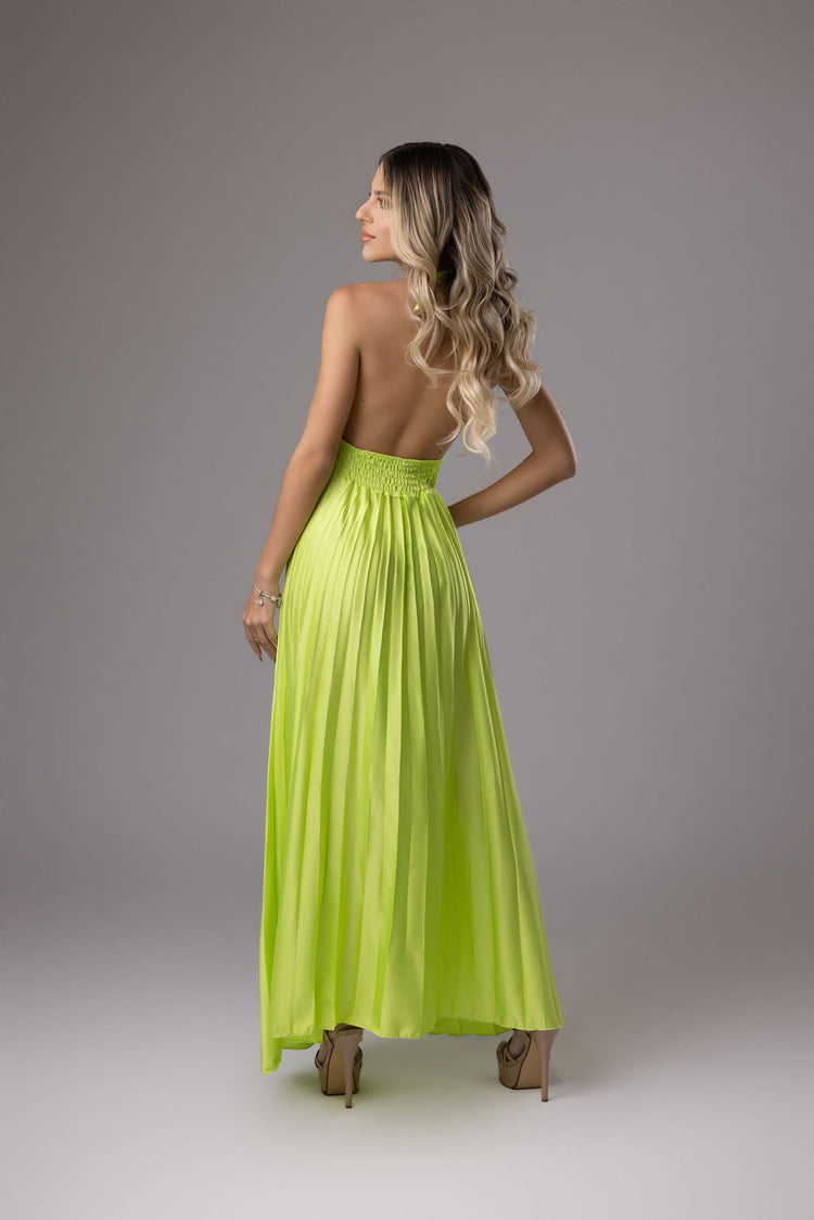 Satin long dress with short sleeves