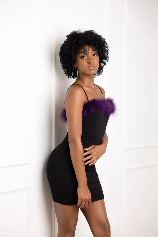 Mini black dress with purple feathers